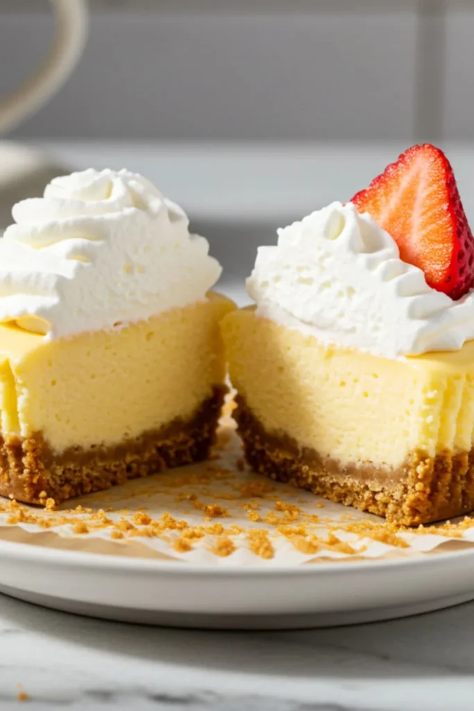 Single mini egg cheesecake on white plate showing cross-section with golden graham crust base and smooth creamy filling topped with whipped cream