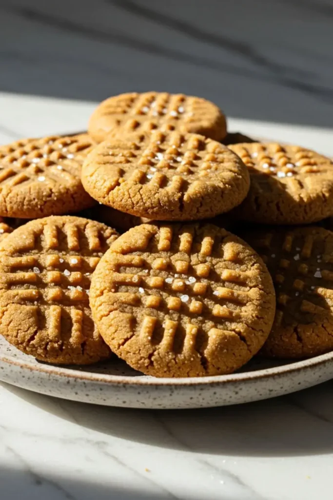3-Ingredient Peanut Butter Cookies in a rustic ceramic plate, combining creamy peanut butter, granulated sugar, and egg, topped with a light sprinkle of sea salt.