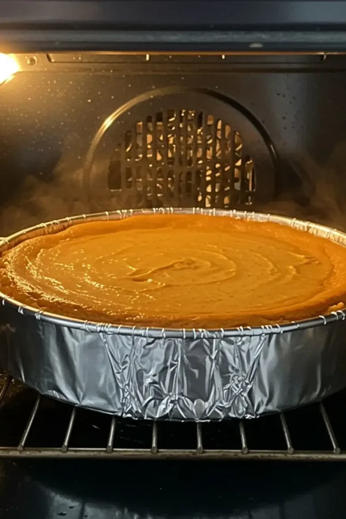 Pumpkin cheesecake baking in oven water bath, foil-wrapped springform pan with setting orange filling illuminated by warm oven light