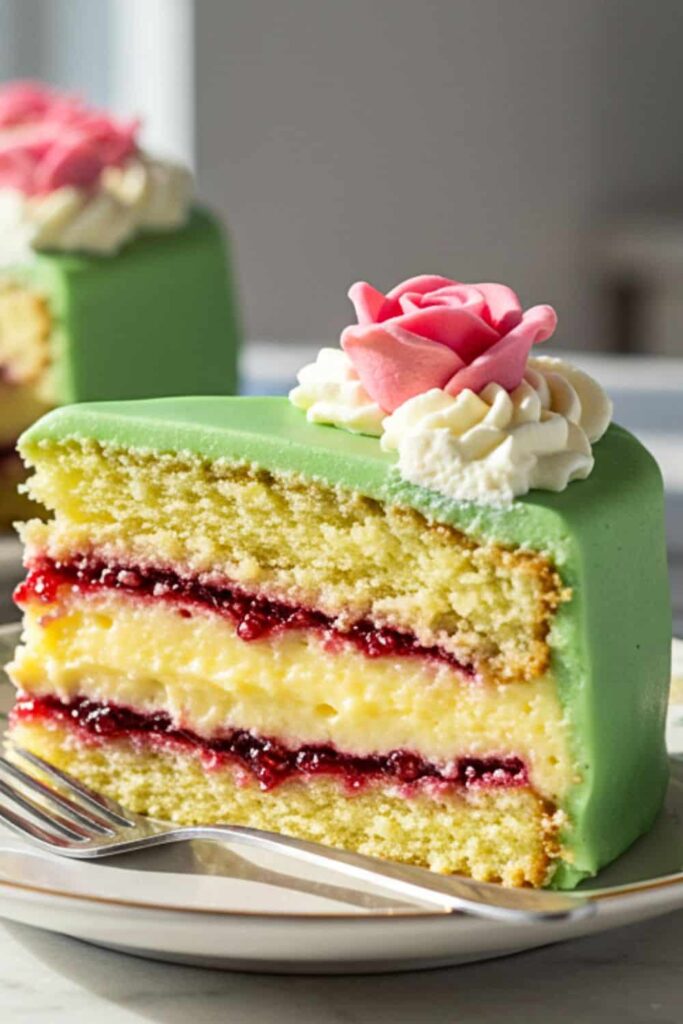 A single slice of Princess Birthday Cake (Swedish Prinsesstårta) in a small dessert plate