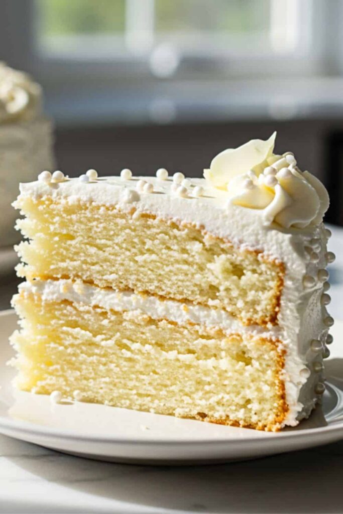 A single slice of Simple White Birthday Cake in a small dessert plate