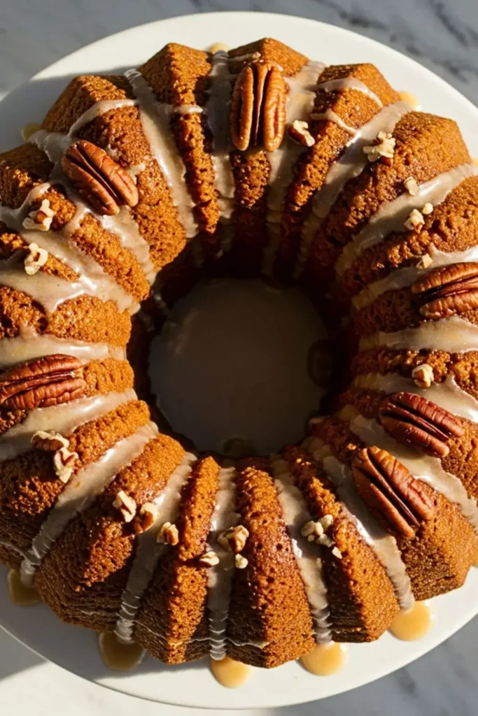 A Pumpkin Pound Cake with Maple-Pecan Glaze in a white ceramic cake stand