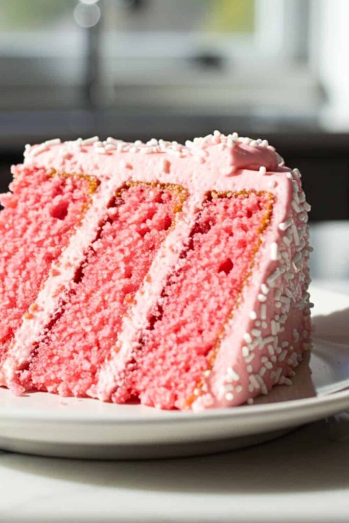A single slice of Simple Pink Birthday Cake in a small dessert plate
