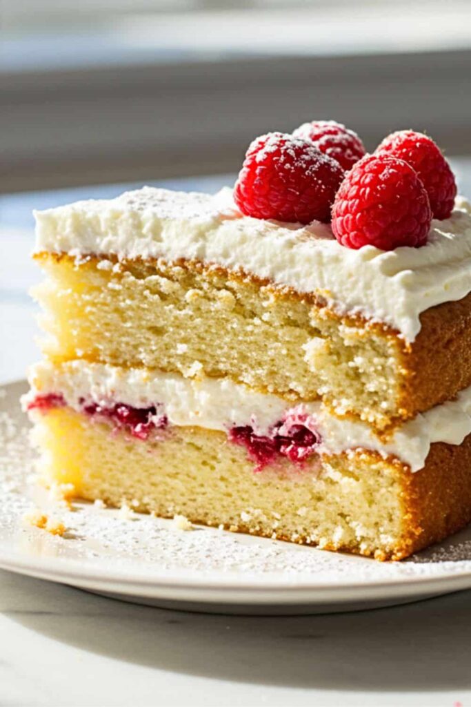 A single slice of Easy Homemade Birthday Cake in a small dessert plate