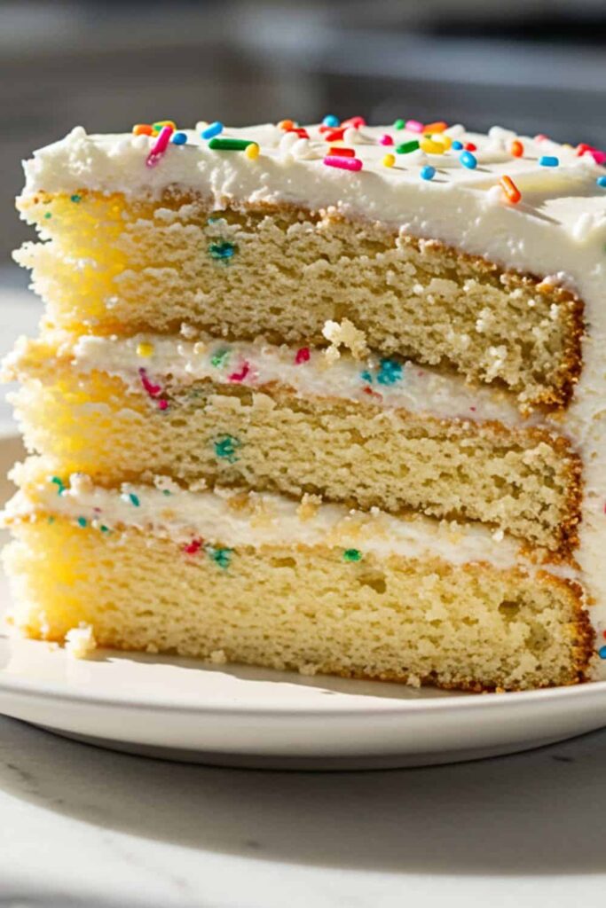 A single slice of Classic Vanilla Birthday Cake in a small dessert plate