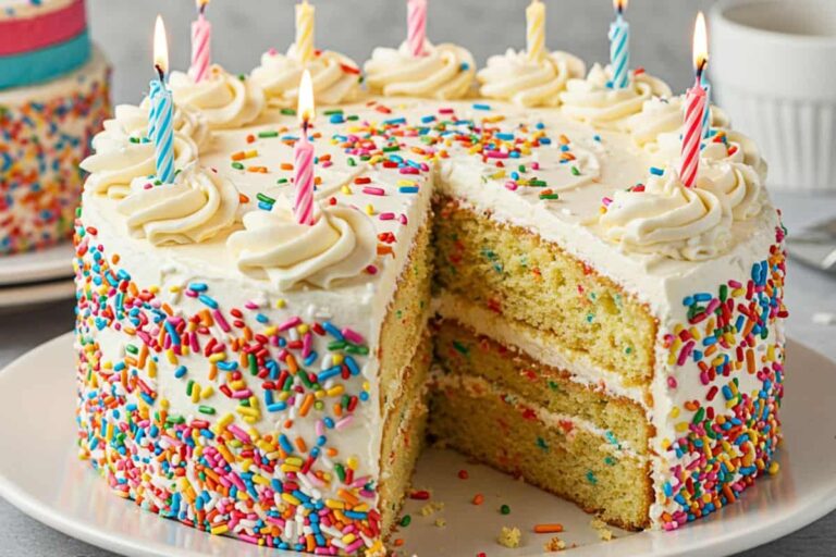 A layered birthday cake with whipped cream and candles from Simple & Easy-to-Make Birthday Cakes collection