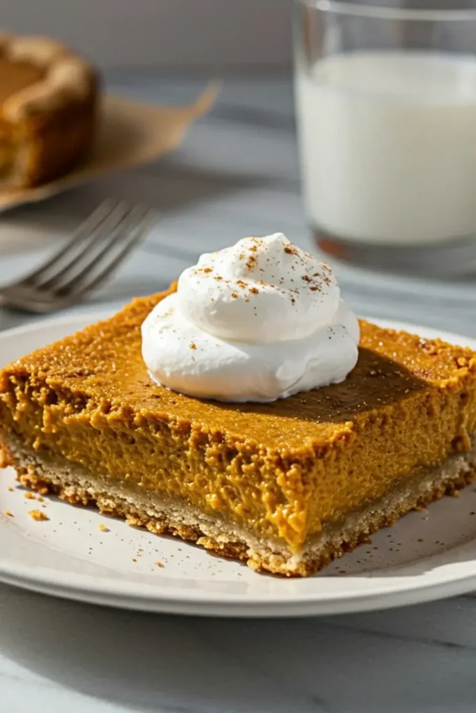 Single pumpkin pie bar slice on white plate showing golden crust layer beneath creamy spiced pumpkin custard filling with whipped cream topping