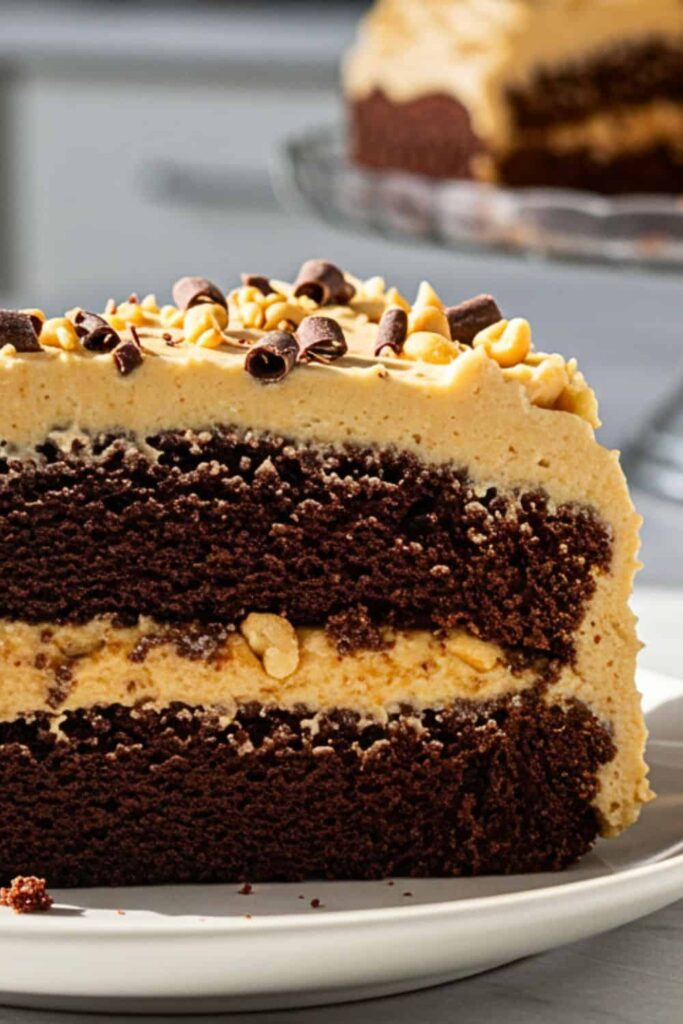 A single slice of Peanut Butter Chocolate Birthday Cake in a small dessert plate