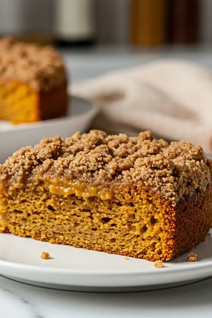 A single slice of homemade vegan pumpkin coffee cake on a simple white plate, showcasing a moist pumpkin-spiced cake layer with a ribbon of rich pumpkin butter and a golden, crunchy pumpkin spice streusel topping.