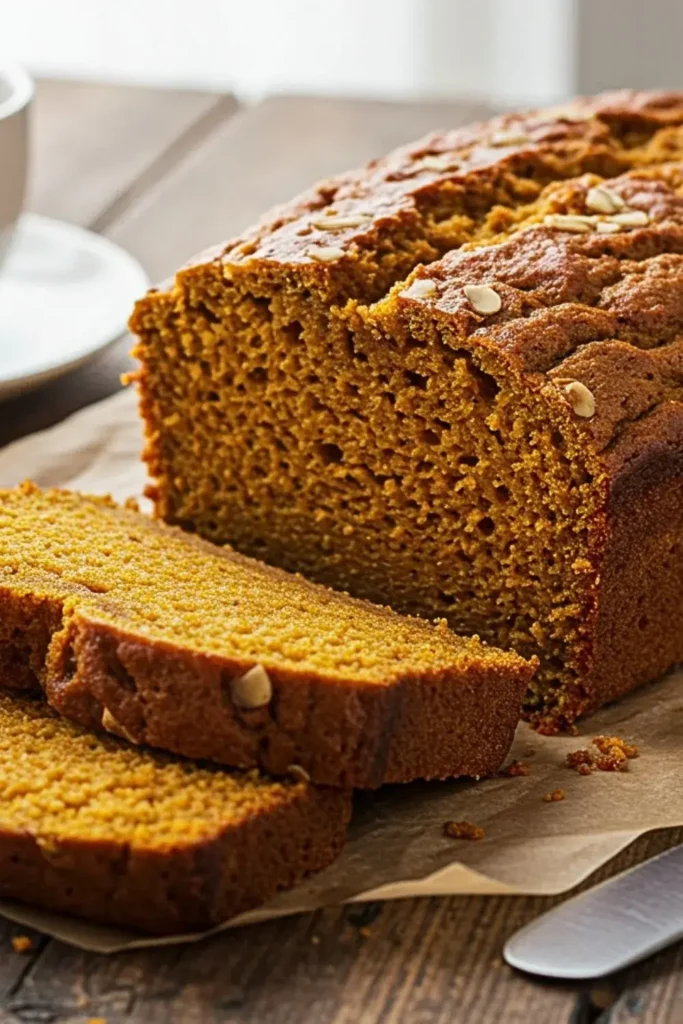 A sliced vegan pumpkin bread on a rustic wooden table