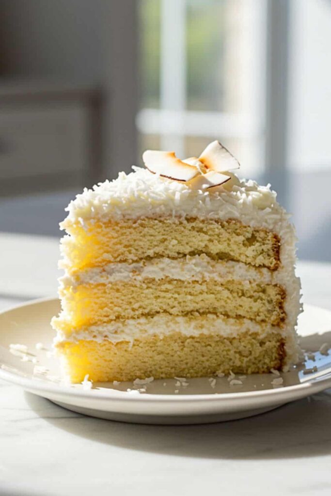A single slice of Coconut Birthday Cake in a small dessert plate
