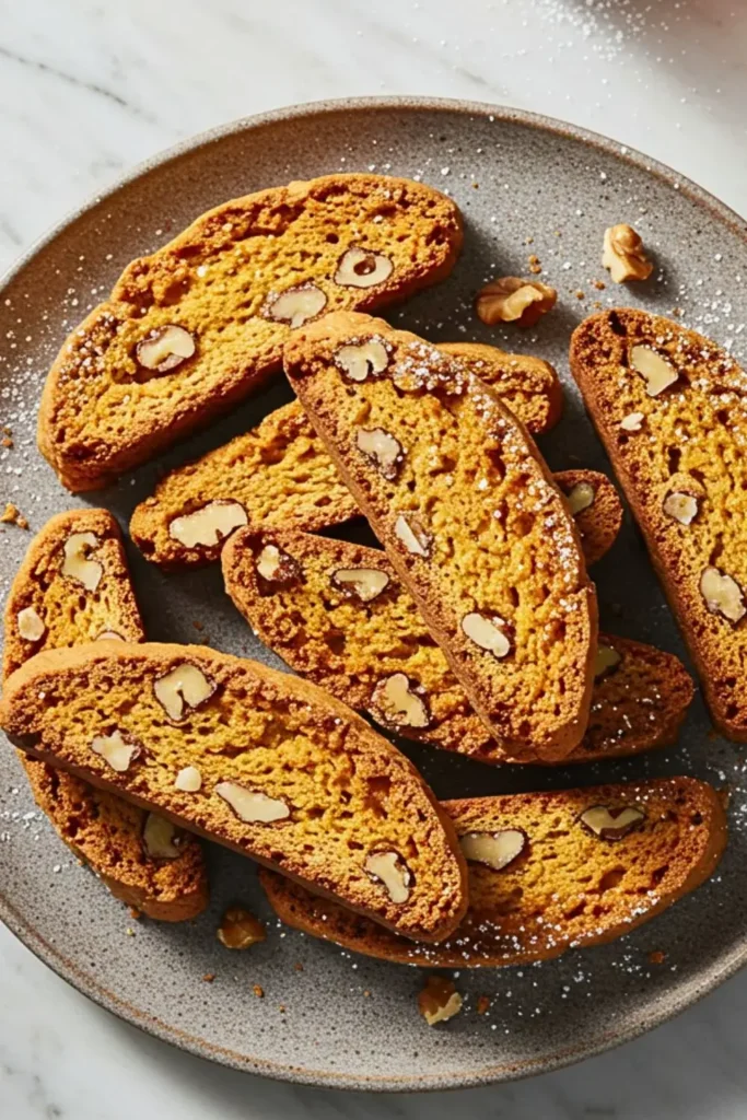 crispy pumpkin walnut biscotti on a rustic ceramic plate, combining pumpkin, warm spices, and toasted walnuts, topped with a light dusting of powdered sugar.