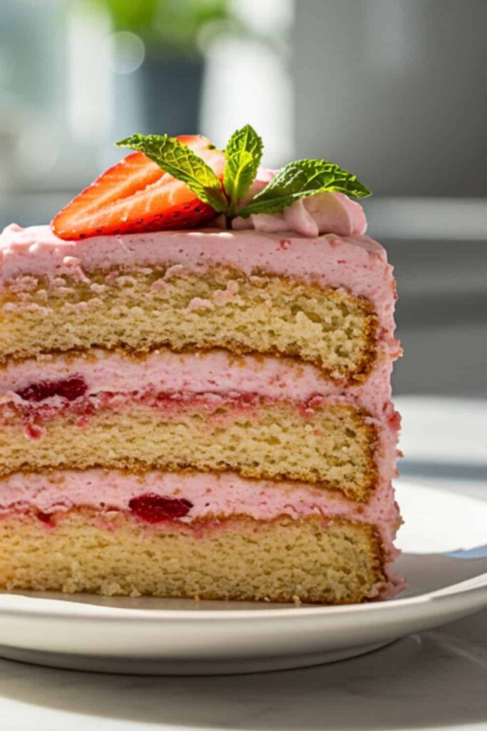 A single slice of Strawberry Birthday Cake in a small dessert plate
