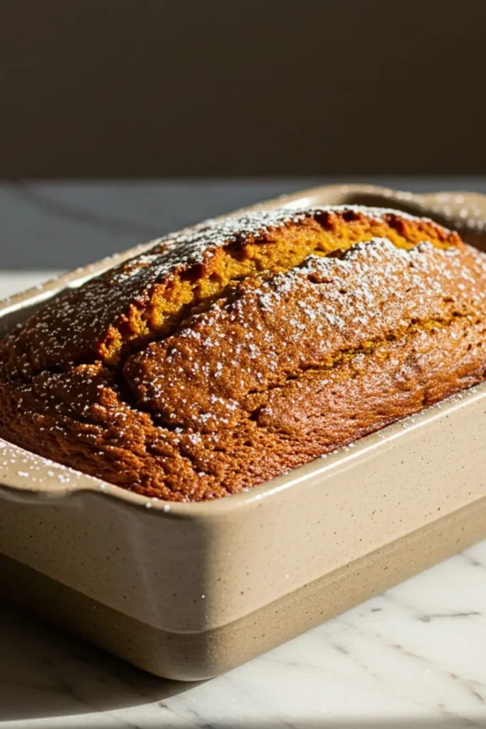 A pumpkin gingerbread loaf in a rustic ceramic loaf dish, featuring warm layers of pumpkin purée, molasses, and spiced ginger-cinnamon flavors, topped with a light dusting of powdered sugar.