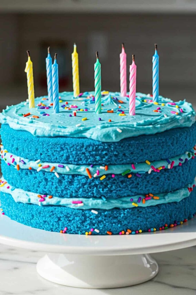 Simple Blue Birthday Cake with candles in a white cake stand