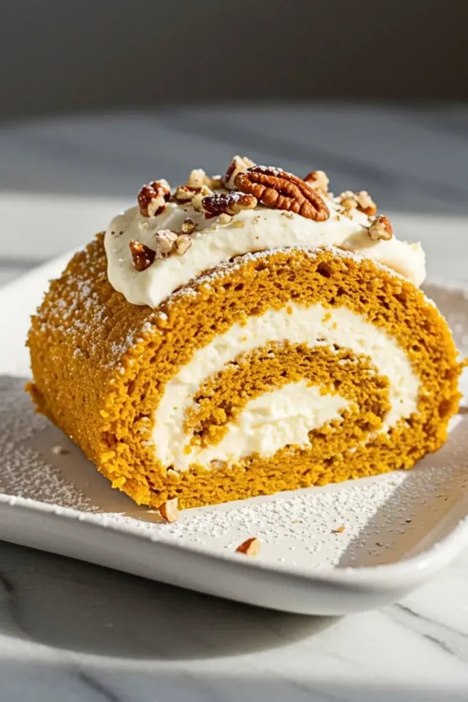A single slice of Pumpkin Cream Cheese Roll in a rustic white ceramic platter, featuring layers of spiced pumpkin sponge cake and creamy cheese frosting in a stunning swirl, topped with a light dusting of powdered sugar and chopped pecans.