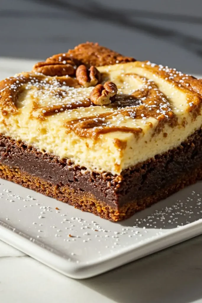 A Pumpkin Brownies with Cream-Cheese Swirl in a square white ceramic plate
