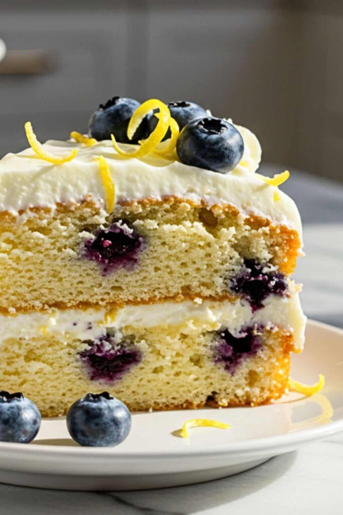 A single slice of Lemon Blueberry Birthday Cake in a small dessert plate