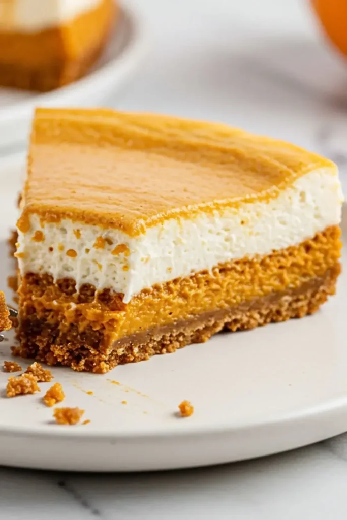 A single slice of Layered Pumpkin Cheesecake on a white ceramic dessert plate