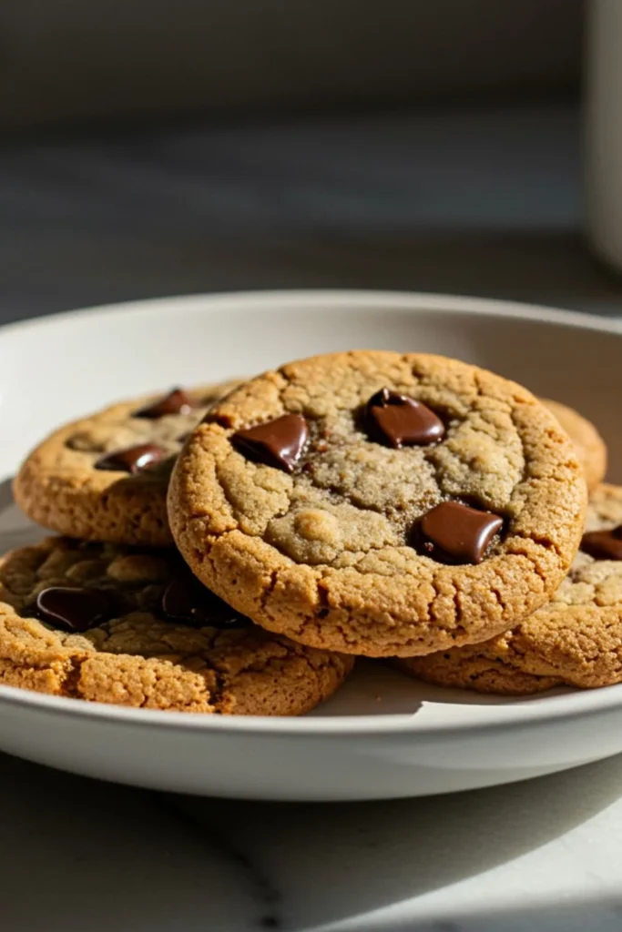 A homemade Almond Flour Chocolate Chip Cookies in a dessert plate