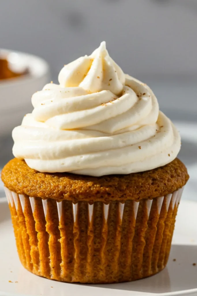 Single mini pumpkin cupcake on white plate showing orange spiced cake with swirled cream cheese frosting rosette, nutmeg sprinkle, marble surface