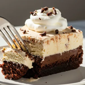A simple fork cutting a bite from a single slice of Brownie Ice Cream Cake on a small white dessert plate