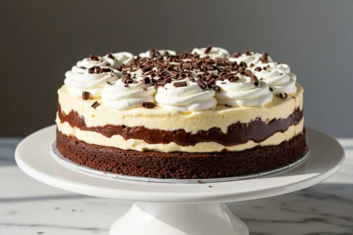 A homemade Brownie Ice Cream Cake on a white cake stand, featuring layers of fudgy brownie, creamy vanilla ice cream, and rich chocolate ganache, topped with fluffy whipped cream and delicate chocolate shavings.