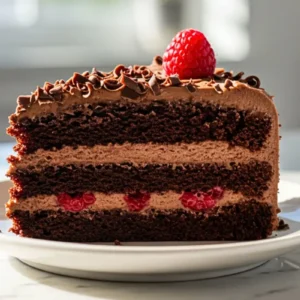 A slice of Chocolate Birthday Layer Cake on a small dessert plate