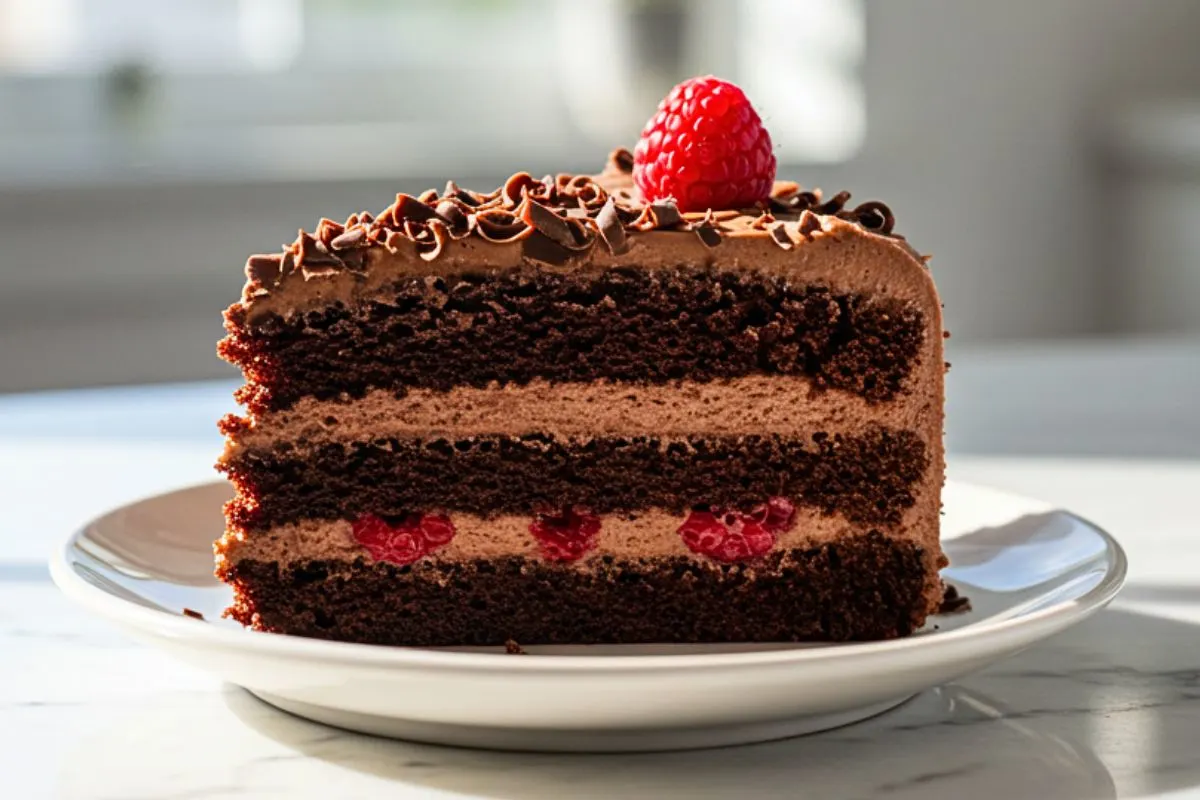 A slice of Chocolate Birthday Layer Cake on a small dessert plate