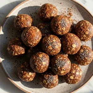 chocolate energy balls arranged on a rustic ceramic plate, combining rich cocoa, creamy almond butter, and hearty rolled oats, sprinkled with a light dusting of cocoa powder and chia seeds as a garnish.