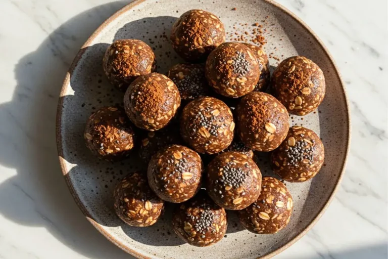 chocolate energy balls arranged on a rustic ceramic plate, combining rich cocoa, creamy almond butter, and hearty rolled oats, sprinkled with a light dusting of cocoa powder and chia seeds as a garnish.