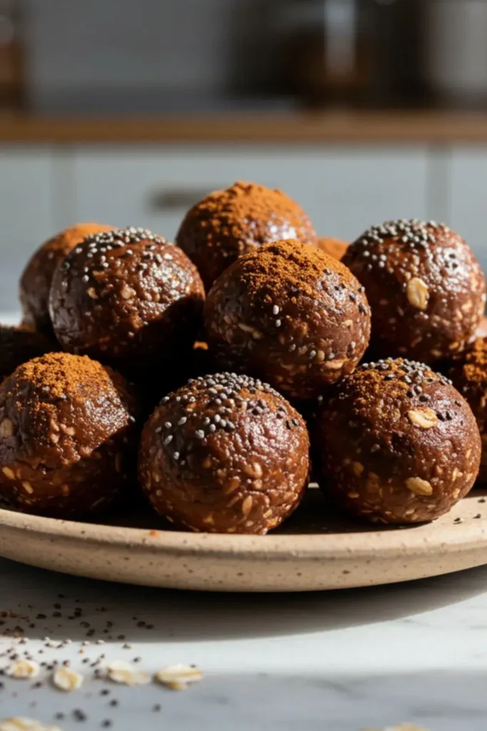 chocolate energy balls arranged on a rustic ceramic plate, combining rich cocoa, creamy almond butter, and hearty rolled oats, sprinkled with a light dusting of cocoa powder and chia seeds as a garnish.