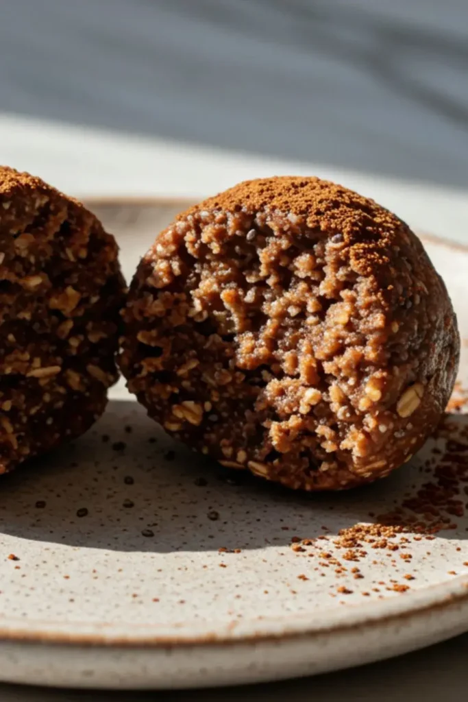 A single chocolate energy ball is split into two halves, revealing its dense, chewy interior packed with rolled oats, cocoa, and flecks of chia seeds, placed on a rustic ceramic plate.