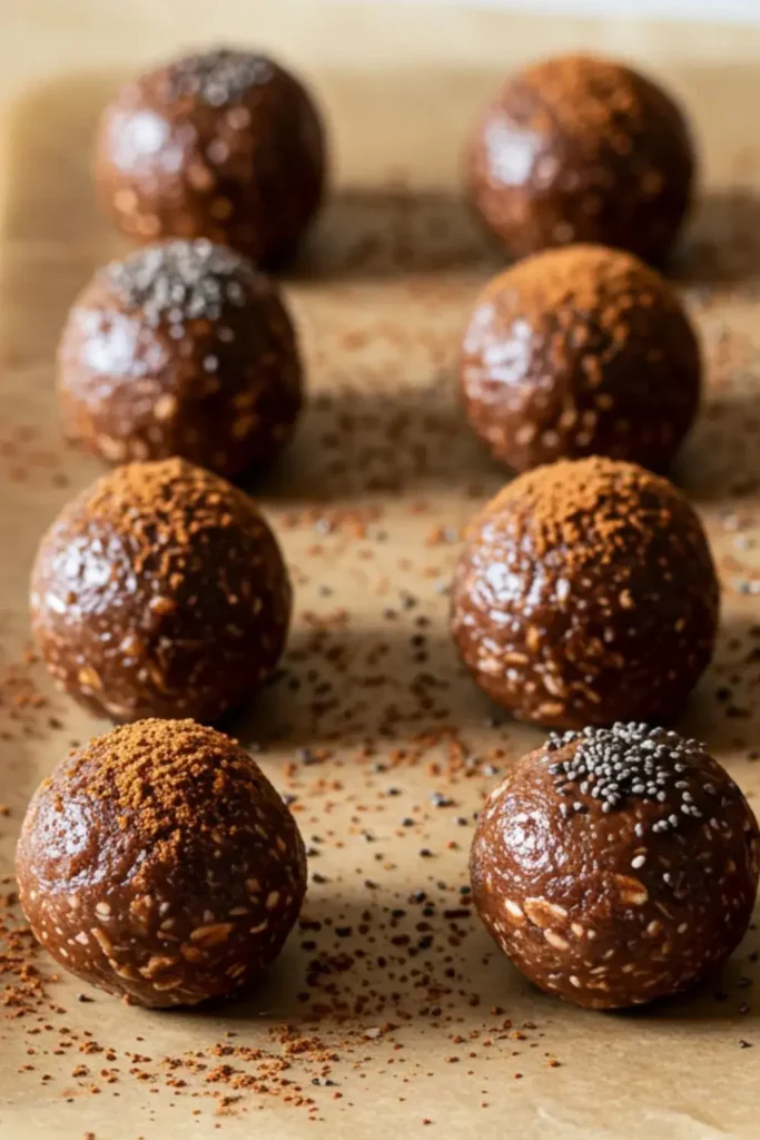 A batch of chocolate energy balls neatly arranged on a parchment-lined baking sheet