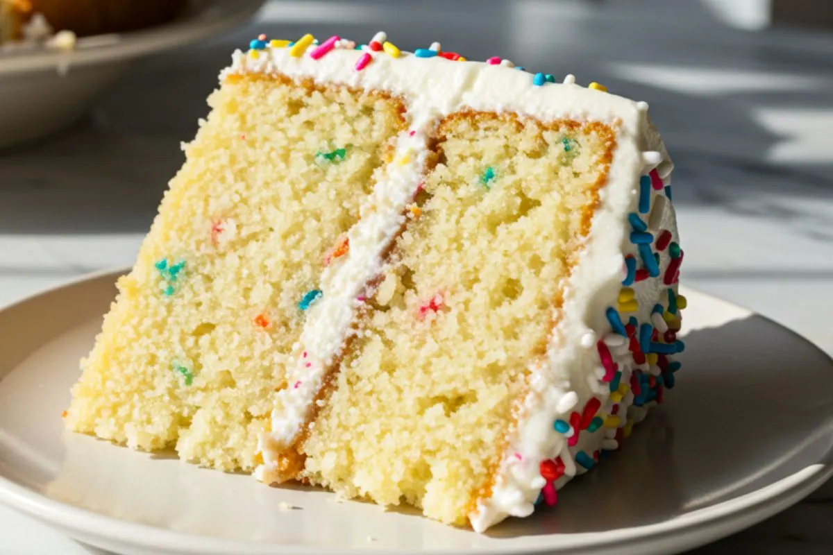 A slice of Classic Vanilla Birthday Cake on a plate, with fluffy layers and buttercream frosting topped with sprinkles, on a marble surface in soft natural light.