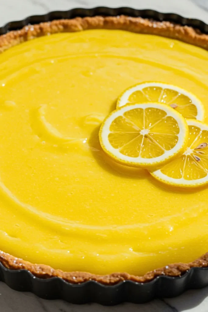 A homemade Easy Lemon Tart in a 9-inch round tart pan with a removable bottom, featuring a buttery, flaky crust layered with smooth, vibrant lemon curd filling. Topped with a light dusting of powdered sugar and fresh lemon slices for garnish.