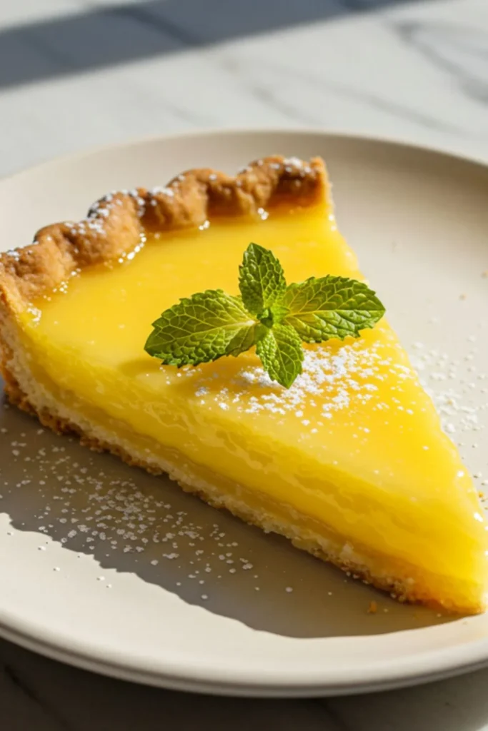 A single slice of homemade Easy Lemon Tart on a small, white ceramic dessert plate, showcasing a golden, flaky crust and a vibrant, glossy lemon curd filling.