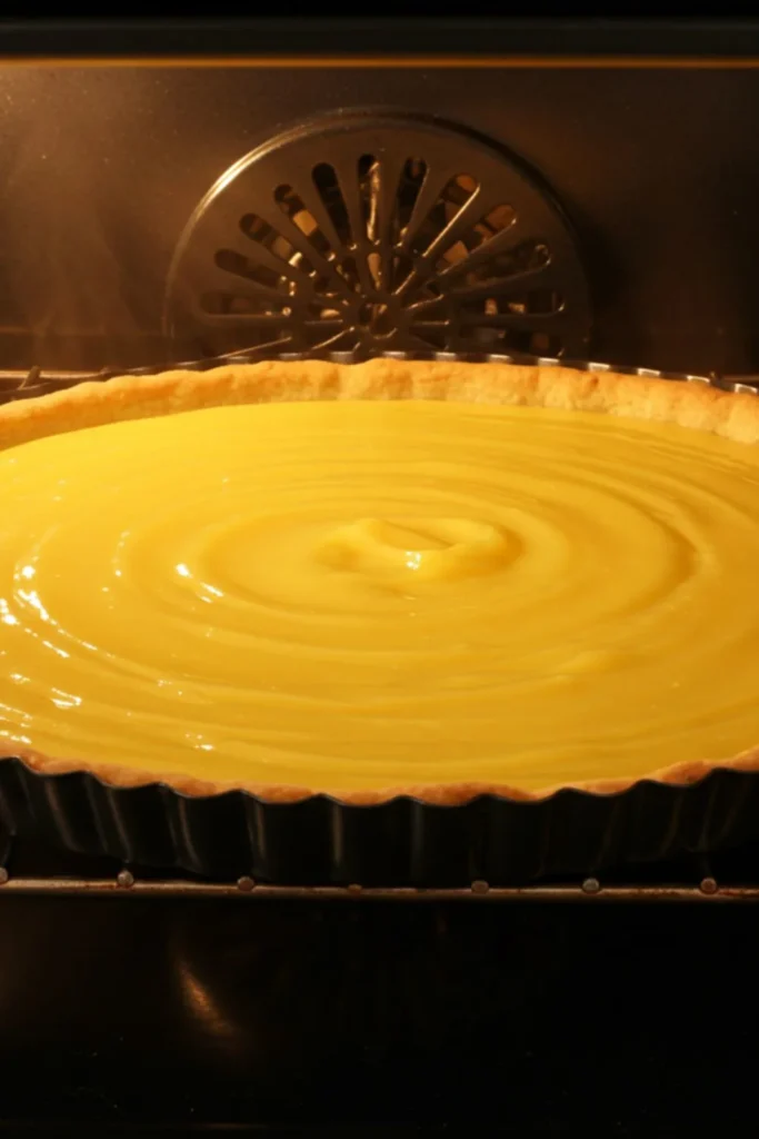 A homemade Easy Lemon Tart in a 9-inch round tart pan with a removable bottom in the oven