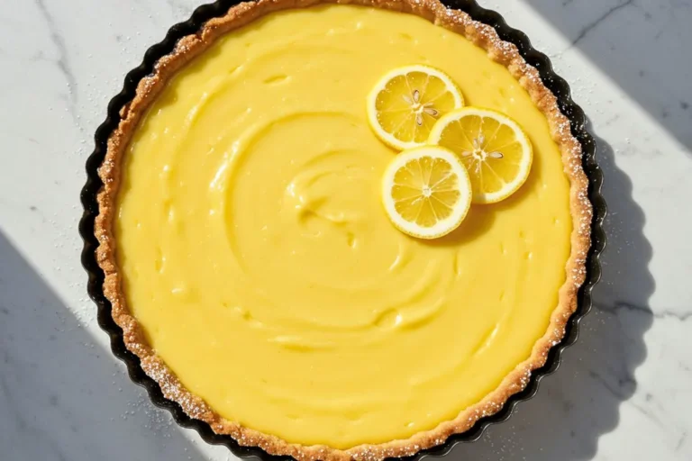 A homemade Easy Lemon Tart in a 9-inch round tart pan with a removable bottom, featuring a buttery, flaky crust layered with smooth, vibrant lemon curd filling. Topped with a light dusting of powdered sugar and fresh lemon slices for garnish.