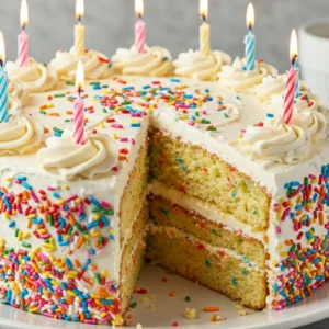 Funfetti Birthday Cake on a dessert plate, featuring layers of fluffy vanilla cake studded with rainbow jimmies and creamy American buttercream frosting, topped with extra colorful sprinkles and candles