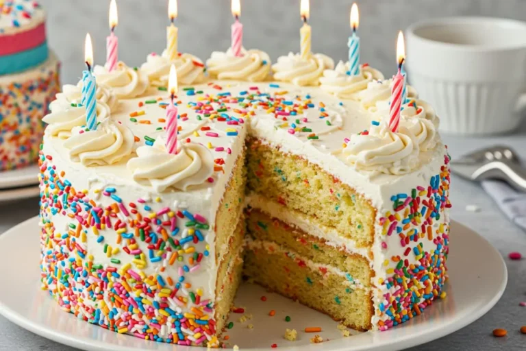 Funfetti Birthday Cake on a dessert plate, featuring layers of fluffy vanilla cake studded with rainbow jimmies and creamy American buttercream frosting, topped with extra colorful sprinkles and candles