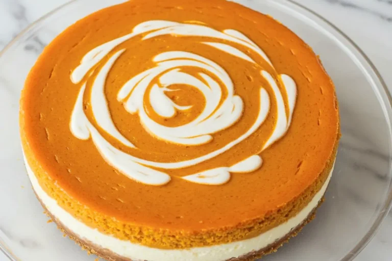 A Layered Pumpkin Cheesecake in a glass dessert plate