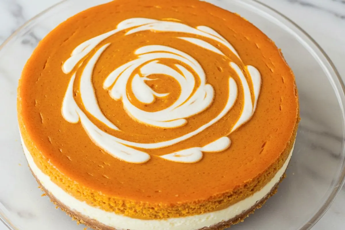 A Layered Pumpkin Cheesecake in a glass dessert plate