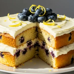 A Lemon Blueberry Cake on a dessert plate, featuring layers of fluffy lemon cake studded with juicy blueberries and creamy lemon buttercream frosting, topped with fresh blueberries and a lemon zest curl. Placed on a white marble surface with natural sunlight streaming in from the side.