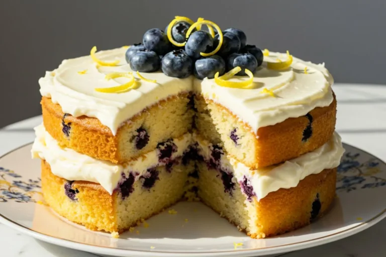 A Lemon Blueberry Cake on a dessert plate, featuring layers of fluffy lemon cake studded with juicy blueberries and creamy lemon buttercream frosting, topped with fresh blueberries and a lemon zest curl. Placed on a white marble surface with natural sunlight streaming in from the side.