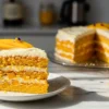 A homemade slice of Mango Birthday Cake on a small dessert plate, featuring golden-orange layers studded with visible mango pieces and topped with creamy mango cream frosting, garnished with a thin mango slice and an edible flower.