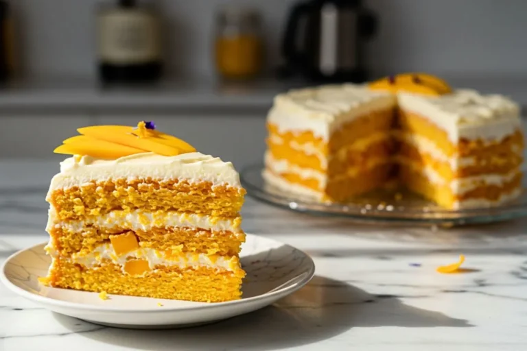 A homemade slice of Mango Birthday Cake on a small dessert plate, featuring golden-orange layers studded with visible mango pieces and topped with creamy mango cream frosting, garnished with a thin mango slice and an edible flower.