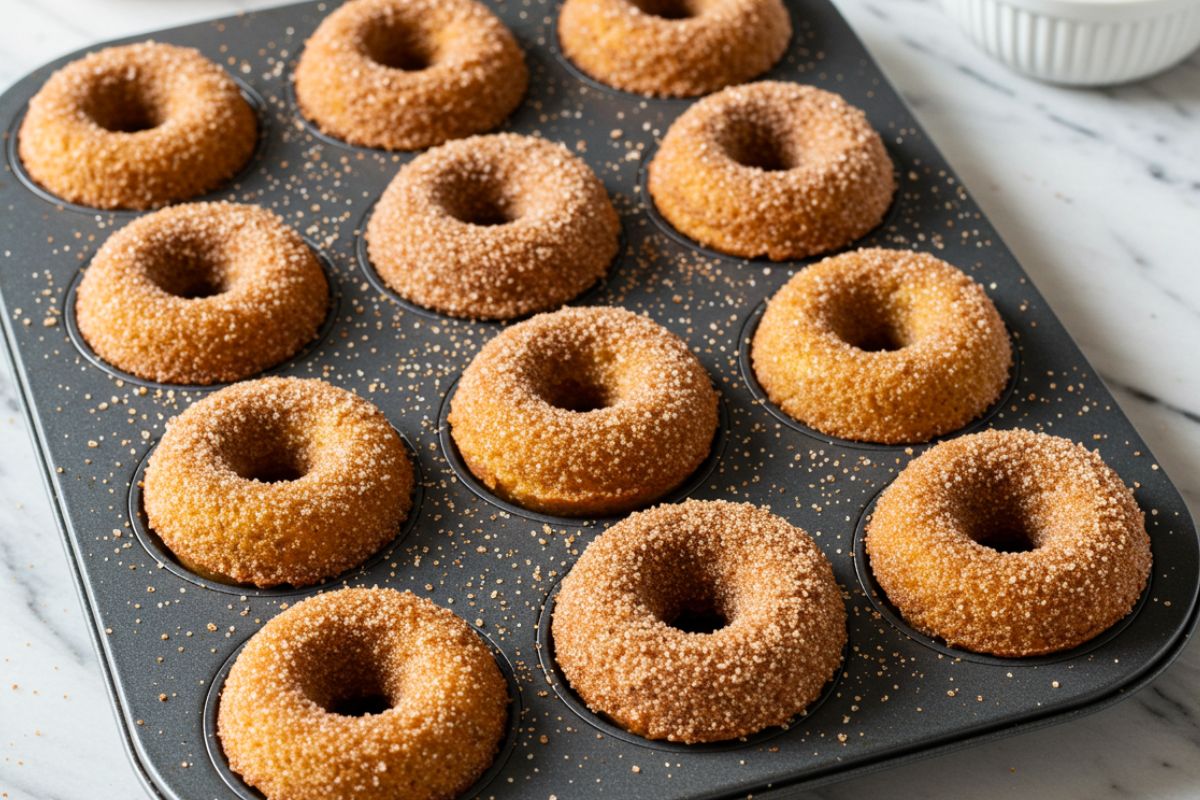 Homemade mini apple cider donuts in donut pan with golden-brown baked rings coated in sparkling cinnamon-sugar on white marble surface