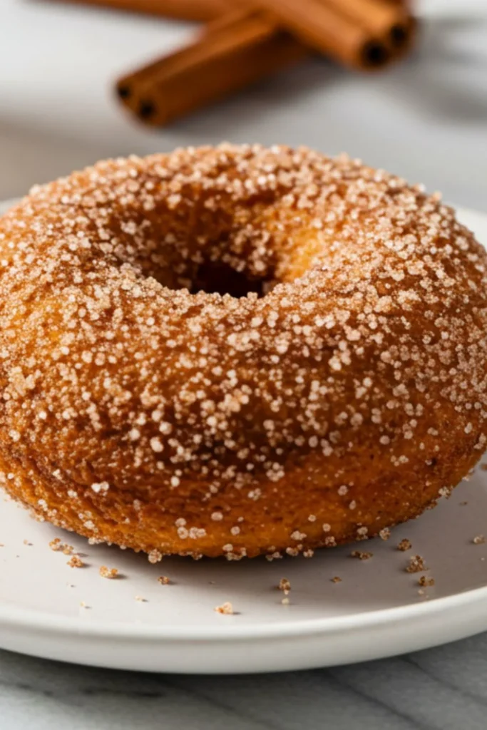 Single mini apple cider donut on white plate showing golden-brown ring with generous cinnamon-sugar coating catching morning light