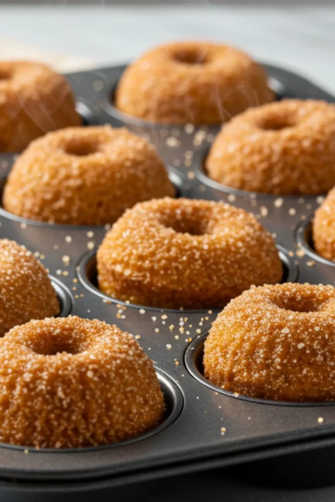 Homemade mini apple cider donuts in donut pan with golden-brown baked rings coated in sparkling cinnamon-sugar on white marble surface